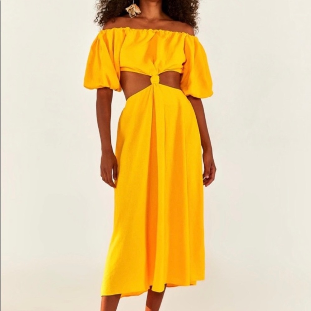 NWOT Farm Rio Yellow Off-The-Shoulder Cut-Out Knot Midi Dress